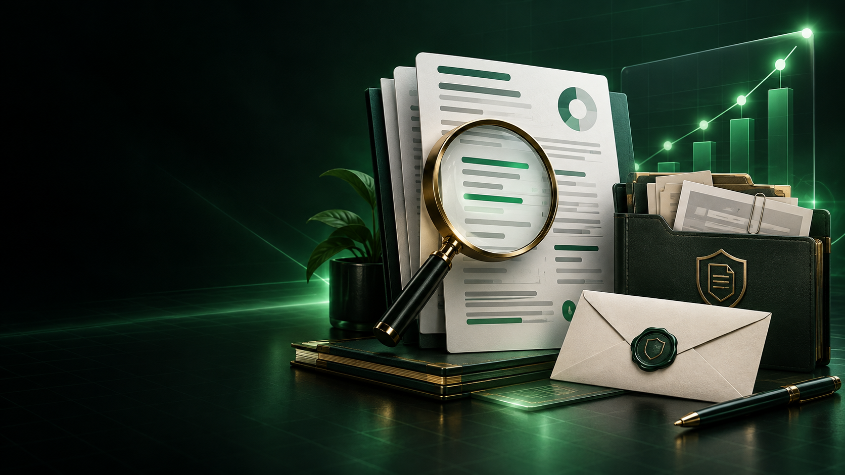 A credit report, evidence folder, mailing envelope, and improving progress chart arranged as an action desk.